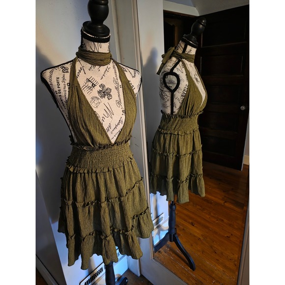 Dresses & Skirts - Olive Green Halter Mini Dress Tiered Ruffle Smocked Waist Crinkle Boho Sun Dress